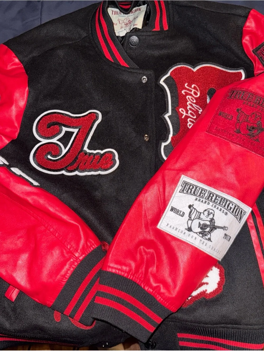 True Religion Black & Red Letterman Jacket